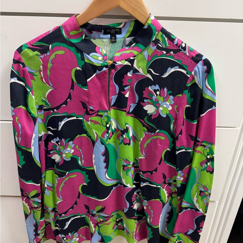 Talbots Bright Floral Paisley Blouse in Pink, Green, Black